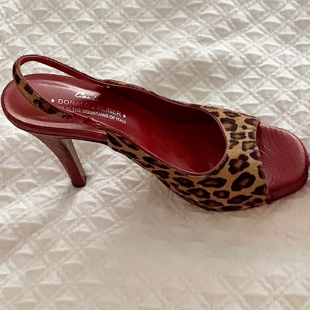 Donald Pliner Couture Heels Pony Hair Leopard Print Red Leather Sole Italy - Picture 4 of 10